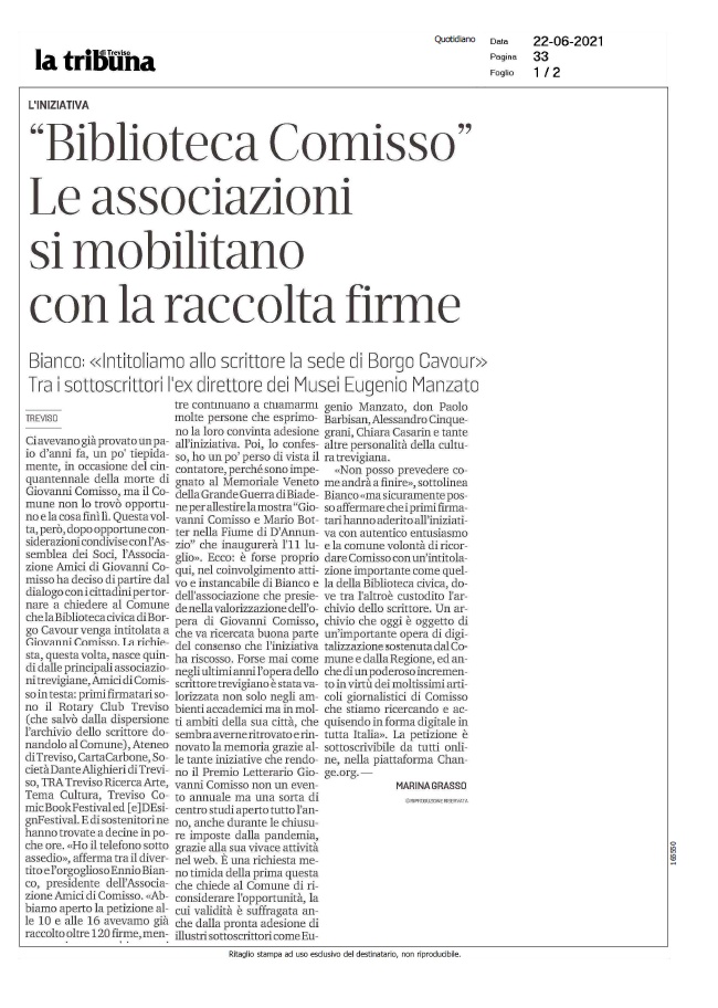 "Biblioteca Comisso". Le associazioni si mobilitano con la raccolta firme (La Tribuna di Treviso, 22/06/2021)